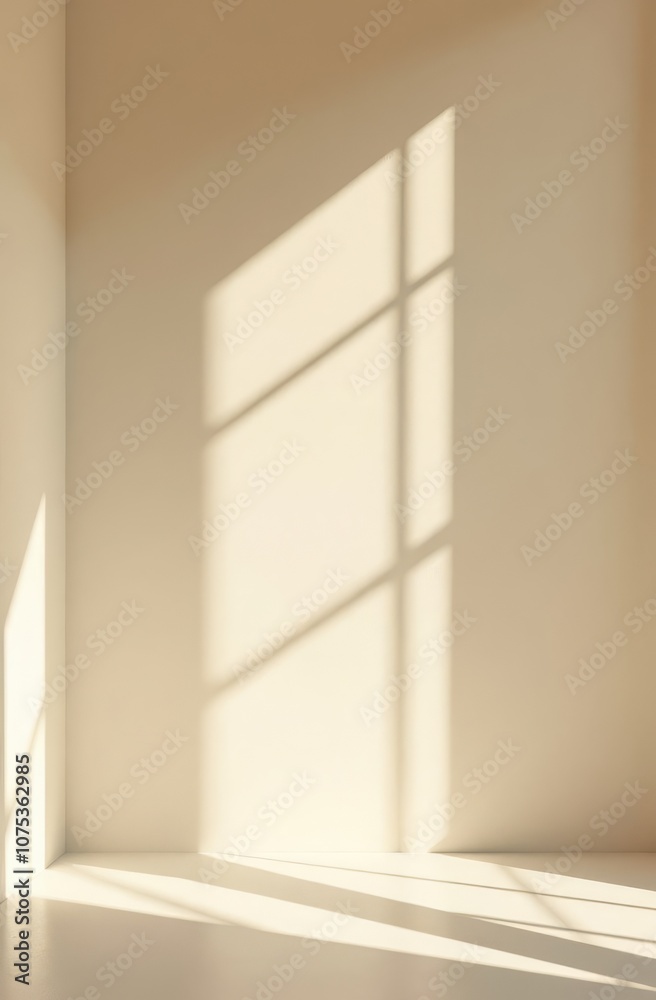 Fototapeta premium Sunlit minimalist interior with geometric window shadows