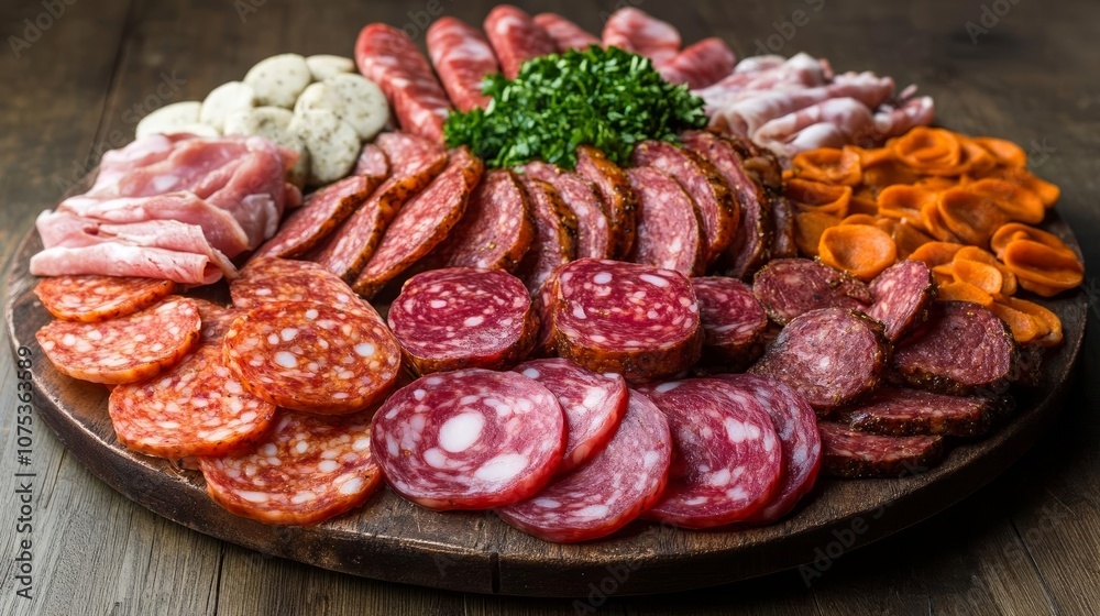 Rustic cured meat assortment in dim lighting, classic charcuterie ambiance Rustic cured meat assortment in dim lighting, classic charcuterie ambiance