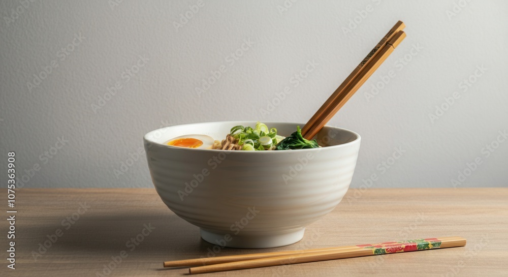 Elegant ramen bowl with chopsticks on wooden table Elegant ramen bowl with chopsticks on wooden table