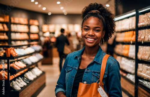 happy young black woman in store shopping