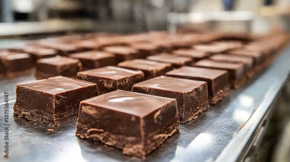 Rows of Dark Chocolate Squares on a Shiny Metal Surface
