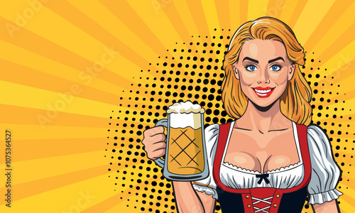 Pop art beautiful woman holding a glass of beer in her hand. Oktoberfest celebration, smiling blonde woman in traditional German costume isolated on yellow pop art background.