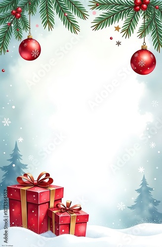 christmas themed frame or border for photos . with gift boxs and christmas element. watercolor illustration, Merry christmas card. Winter holiday theme. Happy New Year. Space for text.