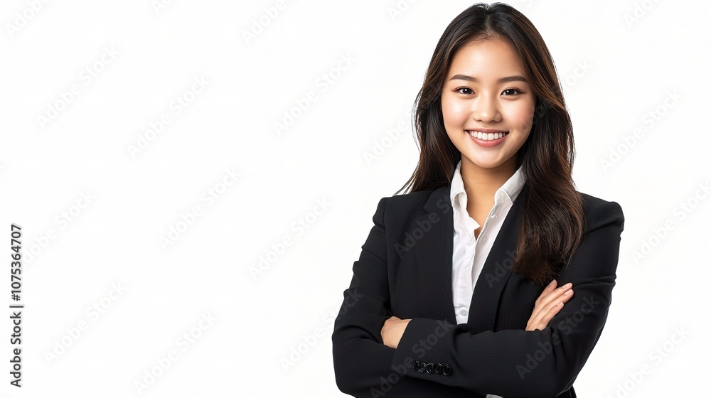 Young Asian Businesswoman in Professional Suit with Arms Crossed, Smiling Confidently Against a Clean White Background Young Asian Businesswoman in Professional Suit with Arms Crossed, Smiling Confidently Against a Clean White Background