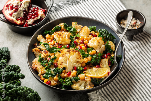 Close up of Roasted Cauliflower and roasted chickpeas salad, with pomegranate, kale, with spices, oil and lemon dressing. Vegetable winter season food on a darl table. photo