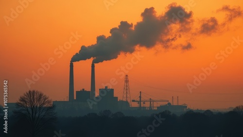 Silhouetted industrial plant emitting smoke against vibrant sunset sky