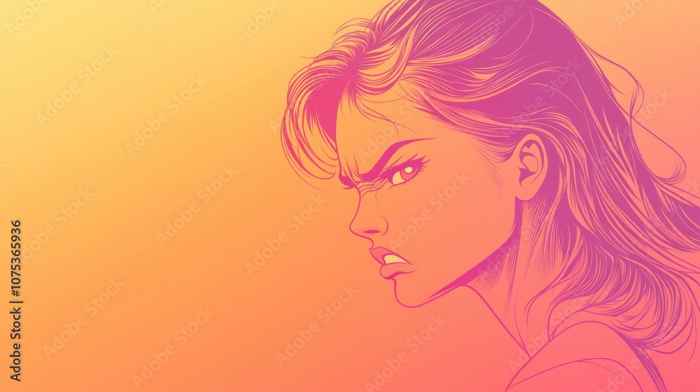 Line art illustration of a warm gradient depicting a cartoon woman expressing anger Line art illustration of a warm gradient depicting a cartoon woman expressing anger