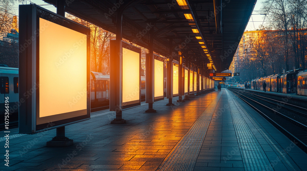 Empty urban train station at sunrise with illuminated billboards Empty urban train station at sunrise with illuminated billboards