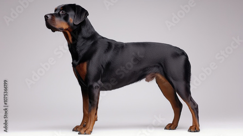 Rottweiler standing proudly on neutral background, showcasing its strong build and confident demeanor. This loyal breed is known for its intelligence and protective nature