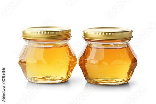 Freshly harvested honey in two identical jars glistening under bright light on a white surface in a kitchen setting. Generative AI photo