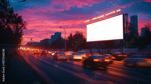 Illuminated billboard on bustling urban street at sunset with vibrant sky