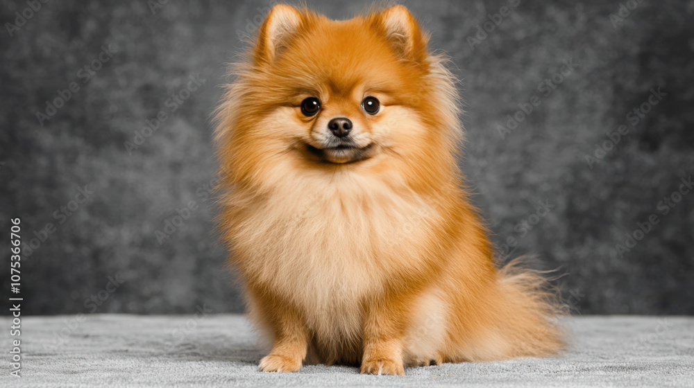 Obraz premium Fluffy Pomeranian dog sitting indoors with soft coat and bright eyes. This adorable pet exudes charm and warmth, making it delightful companion