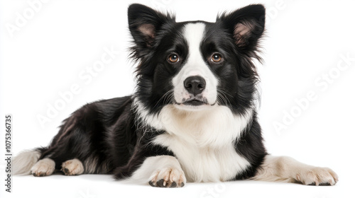 Border Collie lying on white background, showcasing its striking black and white fur and expressive eyes. This intelligent breed is known for its agility and herding skills