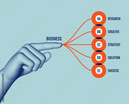 A hand touches down to a virtual flowchart of the business plan. Development scheme step by step. Vector for marketing, statistics and analytics. 