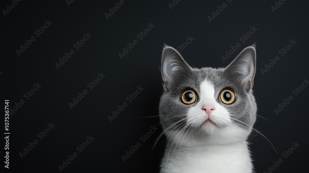 Fototapeta premium Curious cat with big eyes and gray and white coat against dark background, showcasing its alert expression and playful demeanor