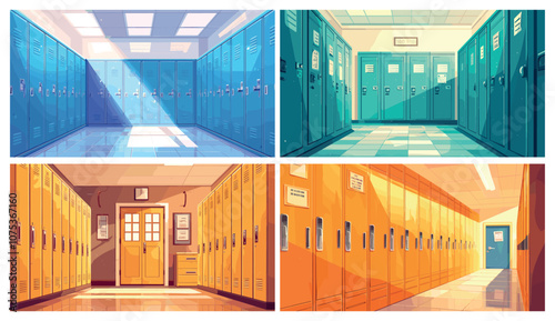 Cartoon school hallway. University corridor interior student lockers, changing room set vector illustration