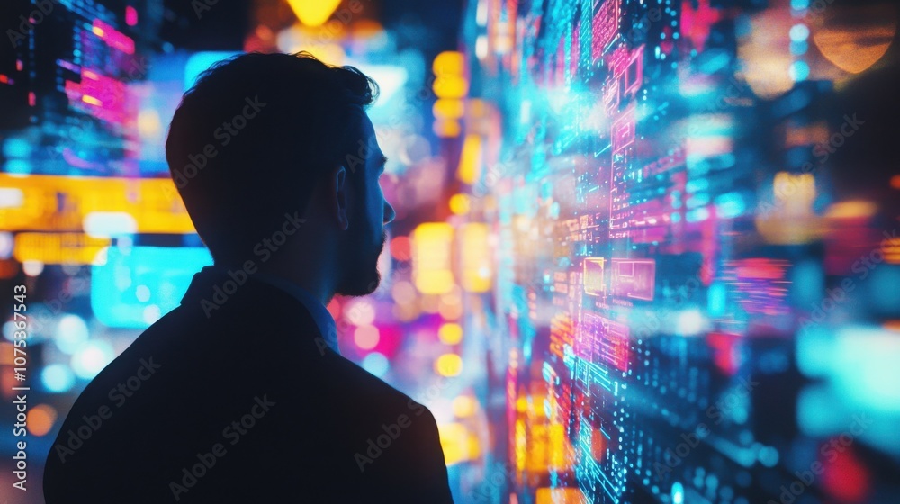 A man stands in silhouette, gazing at a digital screen filled with glowing data and code. The vibrant colors and blur create a sense of movement and energy. A man stands in silhouette, gazing at a digital screen filled with glowing data and code. The vibrant colors and blur create a sense of movement and energy.