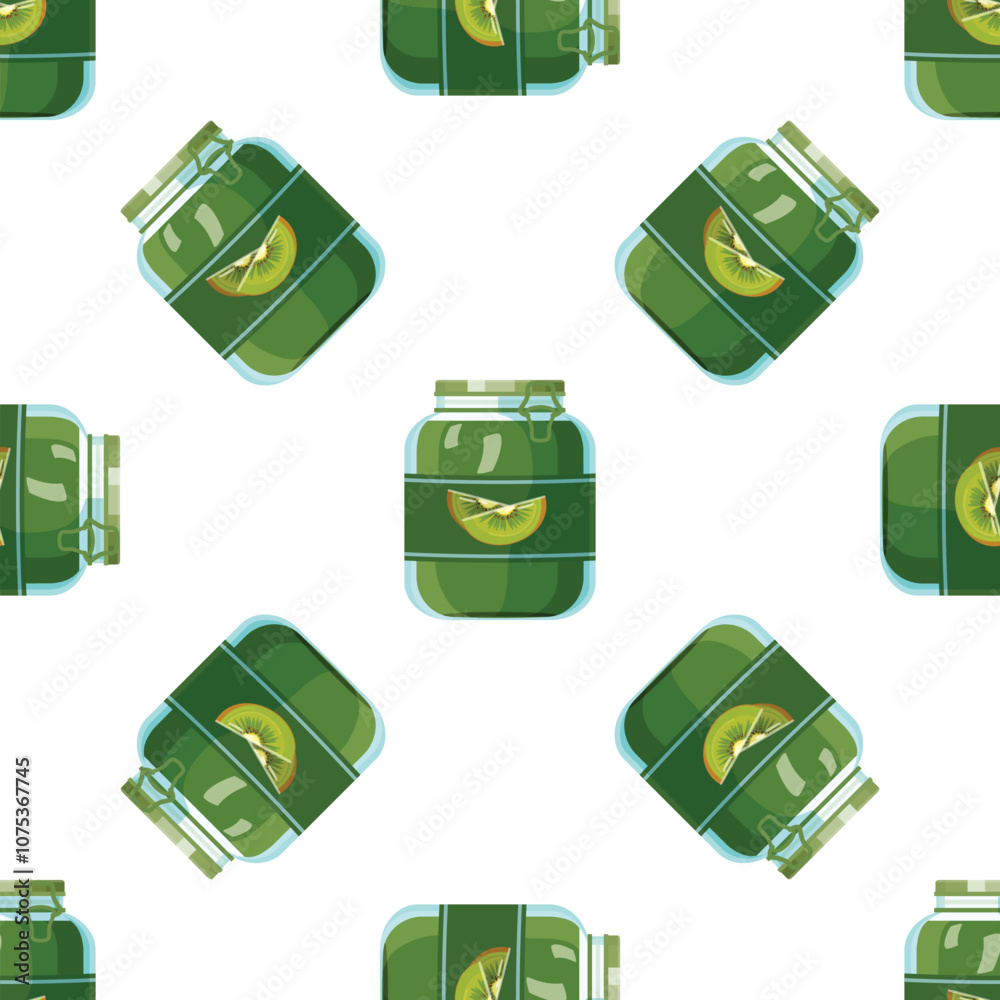 Seamless pattern of glass jars with kiwi jam, perfect for projects related to healthy eating, organic food, and homemade preserves Seamless pattern of glass jars with kiwi jam, perfect for projects related to healthy eating, organic food, and homemade preserves