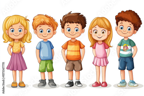 Five cheerful children standing together in colorful outfits, smiling happily against a plain background. Generative AI