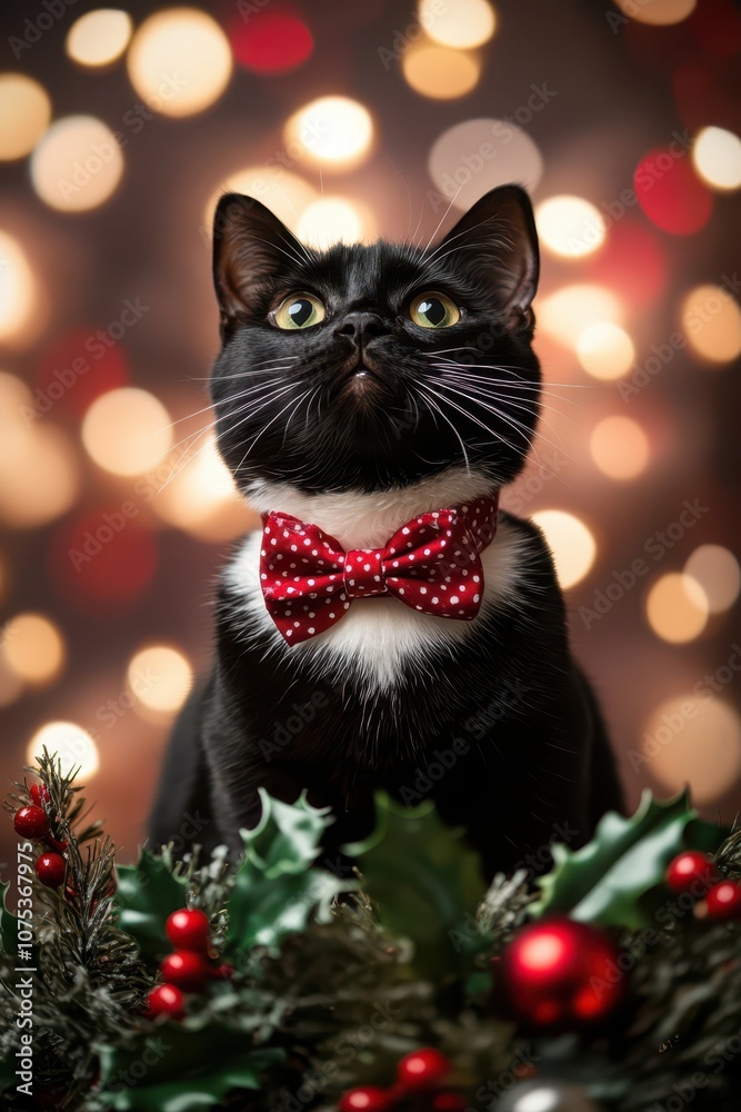 Obraz premium Tuxedo cat with festive bow tie sitting amidst Christmas decor