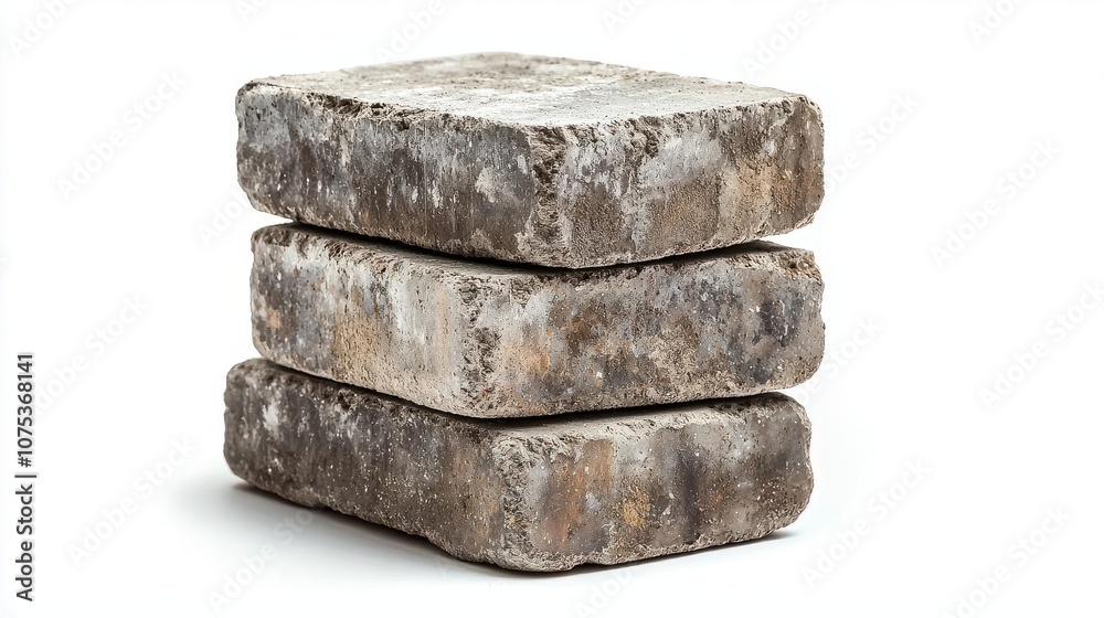 Three textured stone bricks stacked together, showcasing a rustic and natural appearance for construction projects Three textured stone bricks stacked together, showcasing a rustic and natural appearance for construction projects