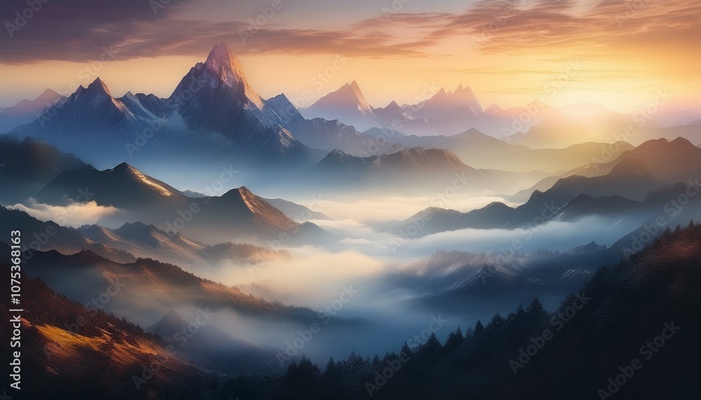 Obraz premium 안개가 끼인 산봉우리 동양화