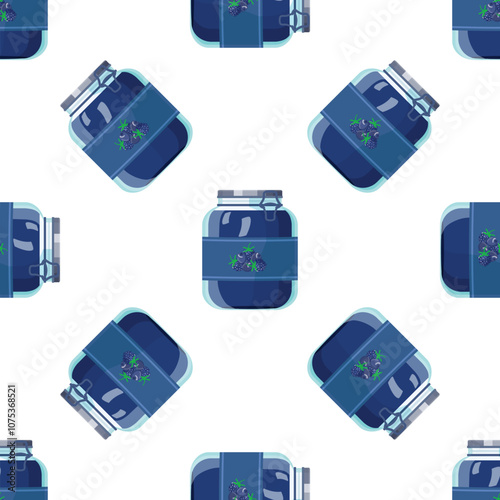 Seamless pattern with glass jar of blackberry jam preserving on white background