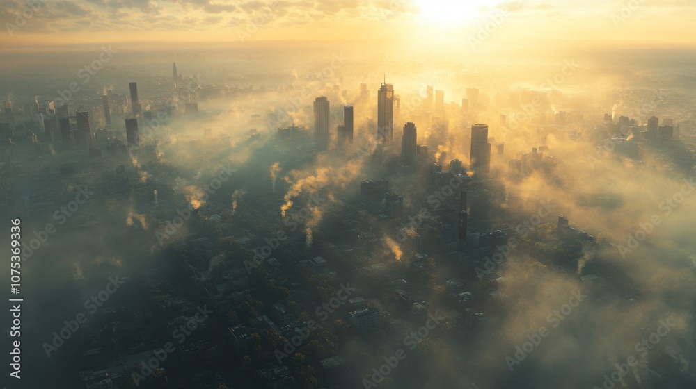 Fototapeta premium Misty Cityscape with Tall Buildings at Sunrise