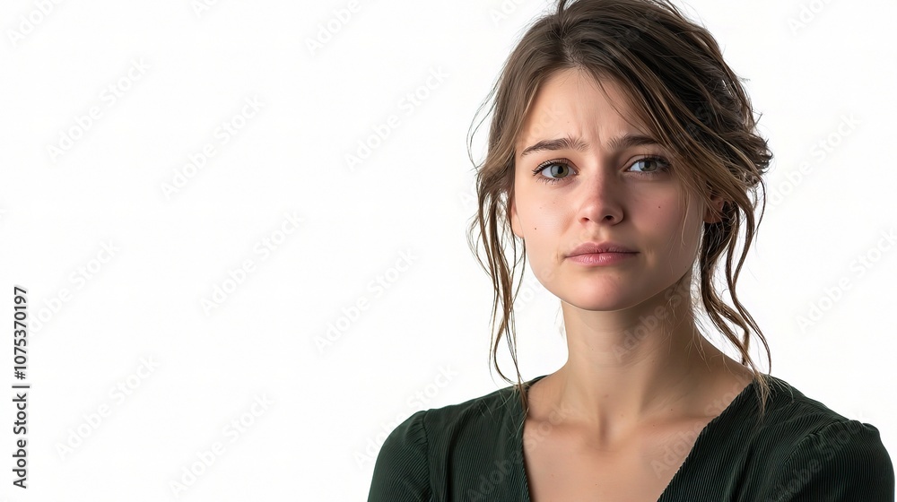 Young Caucasian Woman with Natural Expression Isolated on White Background, Capturing Authentic Emotion and Subtle Beauty in Studio Setting Young Caucasian Woman with Natural Expression Isolated on White Background, Capturing Authentic Emotion and Subtle Beauty in Studio Setting