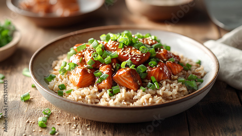 Teriyaki Salmon with Brown Rice Garnished with Green Onions and Sesame Seeds on Rustic Wooden Table