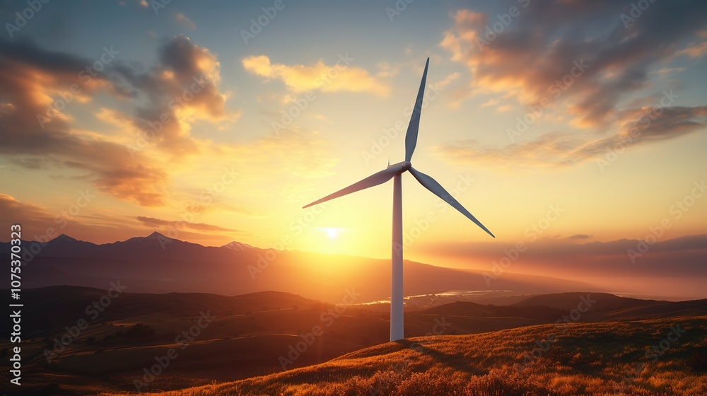 A photo of a wind turbine at sunset. A photo of a wind turbine at sunset.