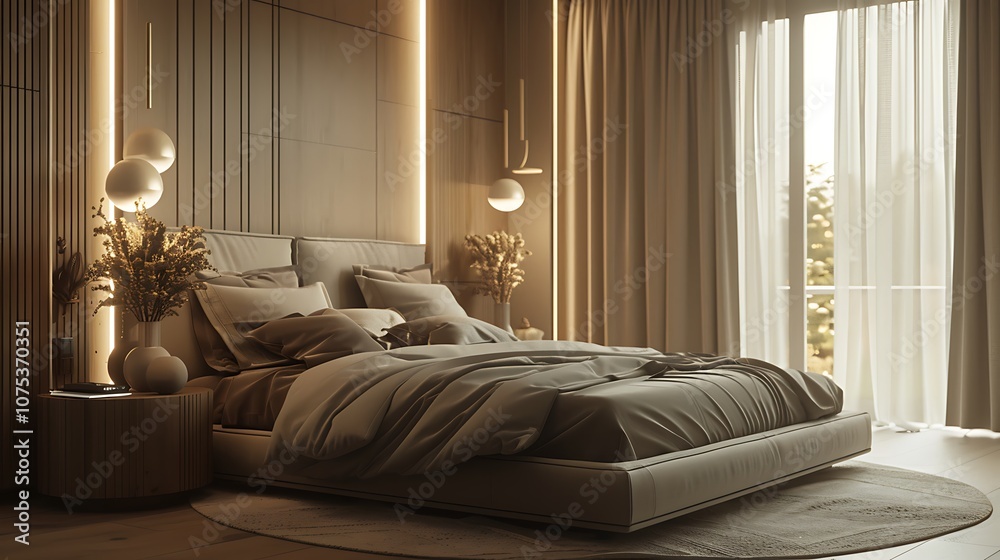 Fototapeta premium Beautiful Colored Mockup Bedroom Interior Blank Poster Decoration Art Background Image, generative AI