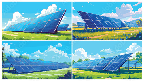 Cartoon solar panels. Field landscape with sun energy electricity elements, ecology green technology concept set vector illustration