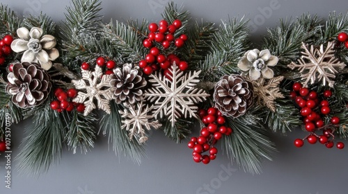 Sparkling snowflake decorations with pine branches and berries