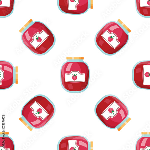 Seamless pattern with glass jars of raspberry jam, perfect for backgrounds, packaging, or any design related to food and preserves