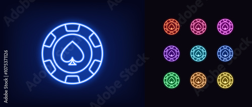 Outline neon spade chip icon set. Glowing neon poker chip with spade heart icon, casino club. Gamble sport, poker game, casino token win, gaming chip, gambling roulette game, money reward. Vector icon