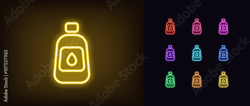 Outline neon oil bottle icon set. Glowing neon bottle with drop icon, natural vegetable oil. Organic plant seed oil, liquid vegetable fat, vial with natural seed milk, vegetarian food. Vector icons