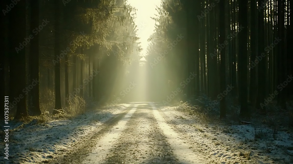 Fototapeta premium Sunbeams Illuminating a Snowy Path Through a Dense Forest