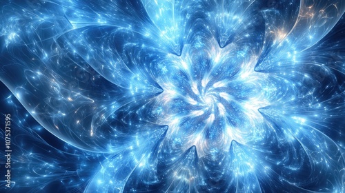 Abstract blue background featuring a line art illustration of a fractal explosion star enhanced with glossy accents and dynamic lines