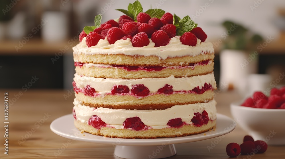 Indulge in a delicious layered cake topped with fresh raspberries and mint for a sweet treat Indulge in a delicious layered cake topped with fresh raspberries and mint for a sweet treat