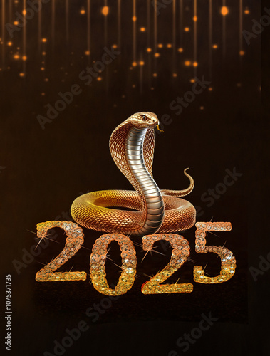 2025 Snake symbol and golden numbers. New Year and Christmas concept. Poster, greeting card. Place for advertising and text