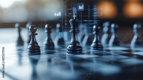 Wallpaper Mural Cyber chessboard with black and white chess where each piece represents a company, with performance metrics and graphs floating above them Torontodigital.ca