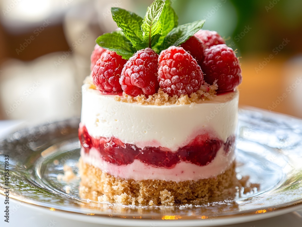 Indulge in a delicious layered cake topped with fresh raspberries and mint for a sweet treat