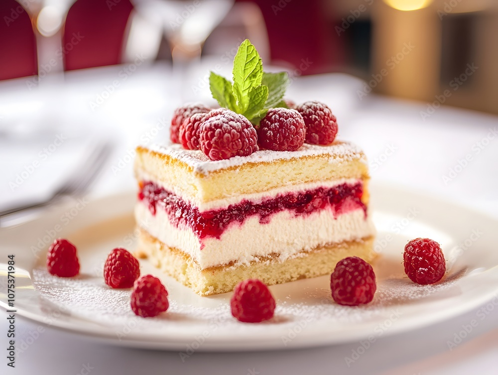 Indulge in a delicious layered cake topped with fresh raspberries and mint for a sweet treat Indulge in a delicious layered cake topped with fresh raspberries and mint for a sweet treat