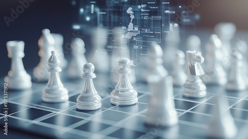 Wallpaper Mural Cyber chessboard with black and white chess where each piece represents a company, with performance metrics and graphs floating above them Torontodigital.ca