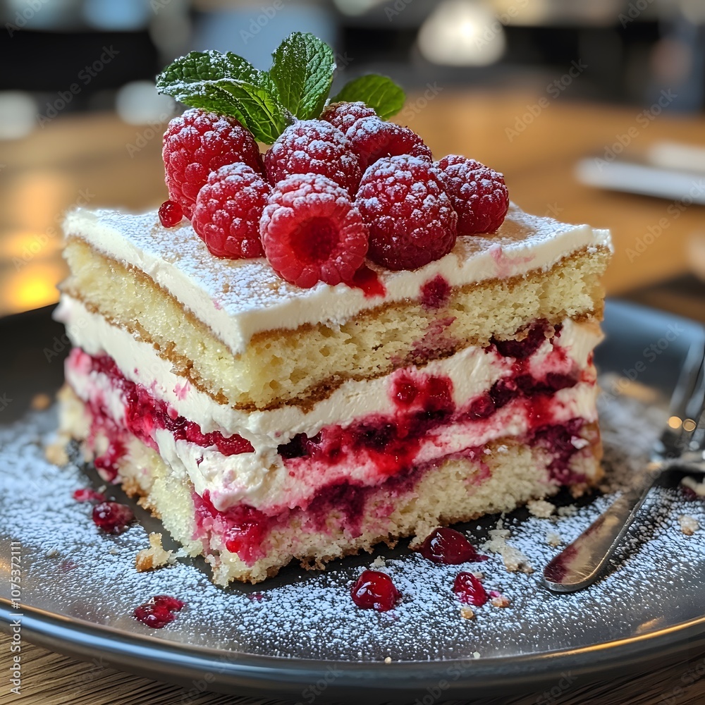 Indulge in a delicious layered cake topped with fresh raspberries and mint for a sweet treat Indulge in a delicious layered cake topped with fresh raspberries and mint for a sweet treat