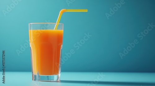 Carrot juice in clear glass with straw on blue background