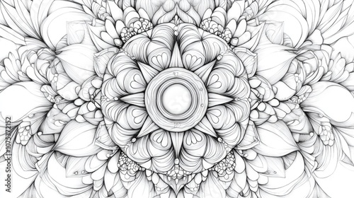 Hand drawn line art illustration of an ornamental circular pattern Vintage mandala design features decorative elements for relaxation and anti stress therapy