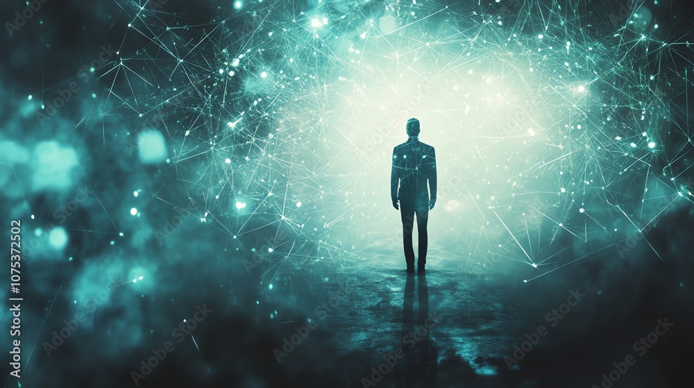 A lone figure stands before a bright light, surrounded by a network of glowing lines. The scene is filled with mystery and intrigue A lone figure stands before a bright light, surrounded by a network of glowing lines. The scene is filled with mystery and intrigue