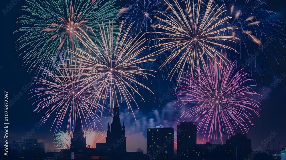 Spectacular fireworks display illuminating a dark city skyline with vibrant bursts of pyrotechnics against a deep blue night sky. AI generated. Spectacular fireworks display illuminating a dark city skyline with vibrant bursts of pyrotechnics against a deep blue night sky. AI generated.